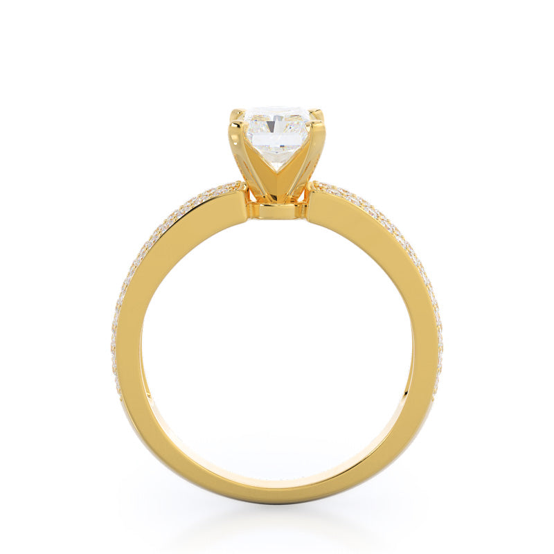 Three Row Micro Pave Diamond Engagement Ring with Radiant Cut Diamond in 14KT Yellow Gold view 2
