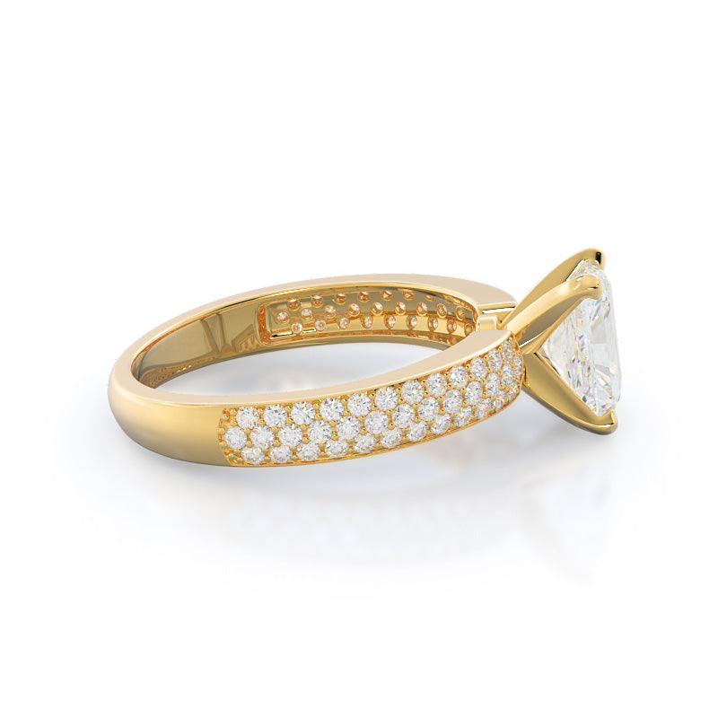 Three Row Micro Pave Diamond Engagement Ring with Radiant Cut Diamond in 14KT Yellow Gold view 3
