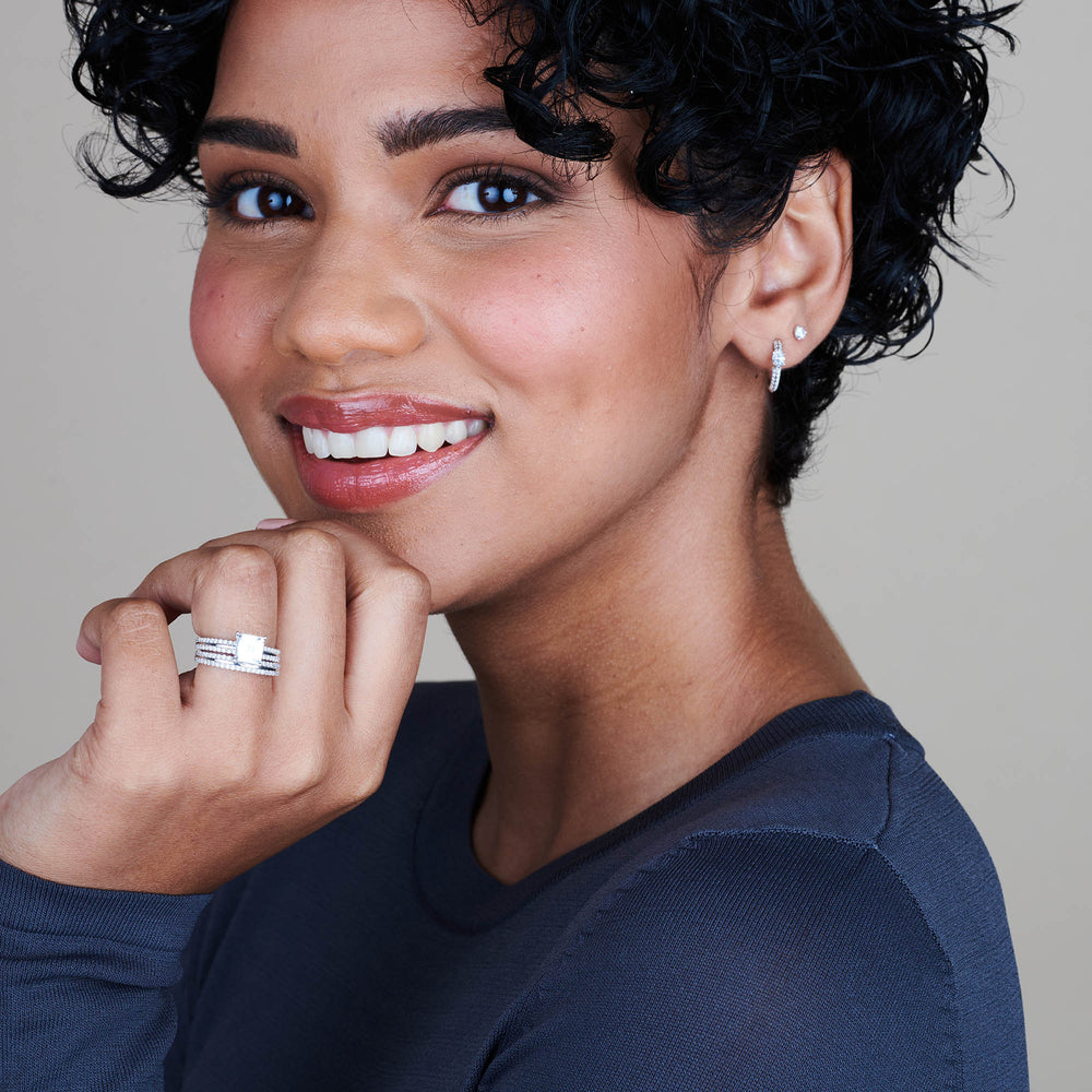 Model Wearing Pave Edged Diamond Engagement Wedding Band view