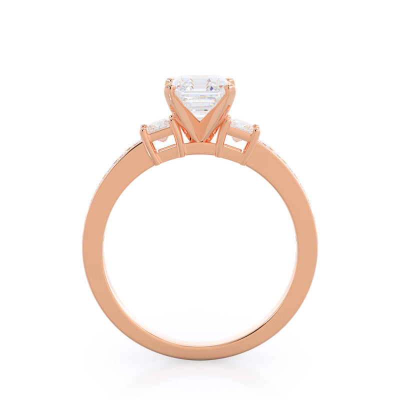 Asscher Cut Three Stone Princess Studded Engagement Ring with Lab Grown Diamond in 14KT Rose Gold view 2
