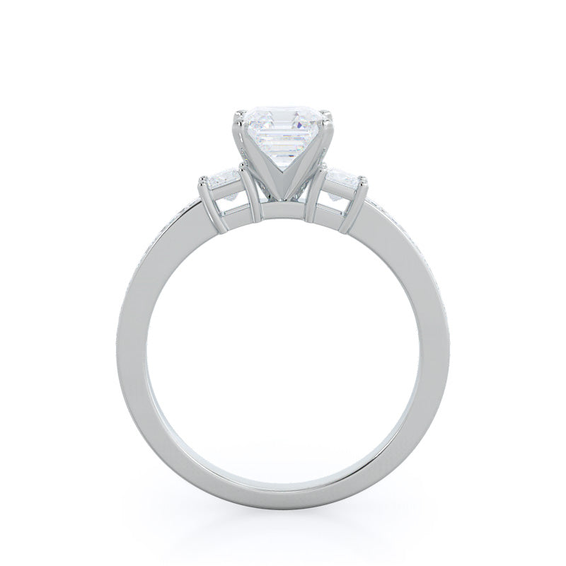 Three Stone Princess Studded Engagement Ring with Asscher Cut Diamond in 14KT Platinum view 2
