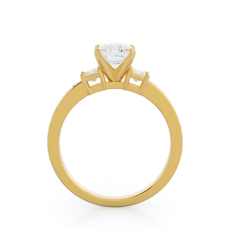 Three Stone Princess Studded Engagement Ring with Asscher Cut Diamond in 14KT Yellow Gold view 2
