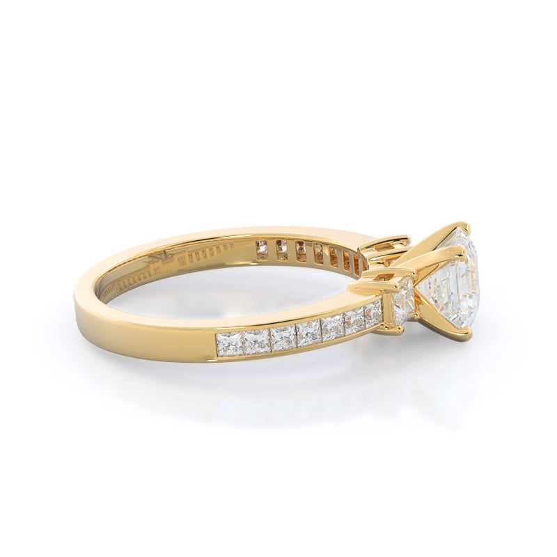 Three Stone Princess Studded Engagement Ring with Asscher Cut Diamond in 14KT Yellow Gold view 3
