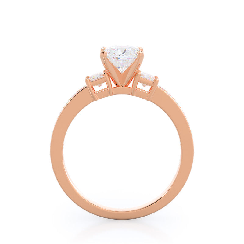 Cushion Cut Three Stone Princess Studded Engagement Ring with Lab Grown Diamond in 14KT Rose Gold view 2
