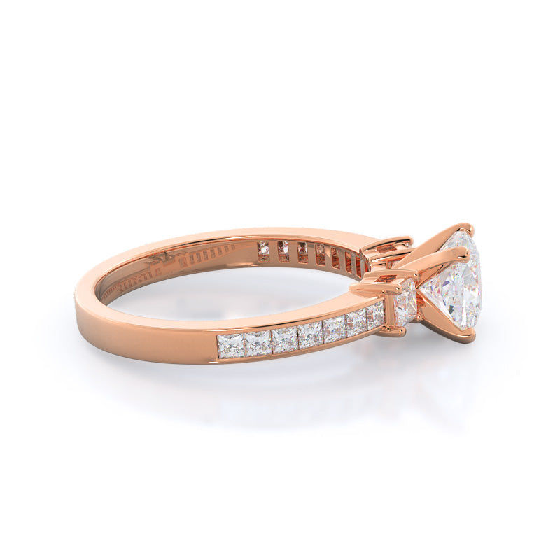 Three Stone Princess Studded Engagement Ring with Cushion Cut Diamond in 14KT Rose Gold view 3

