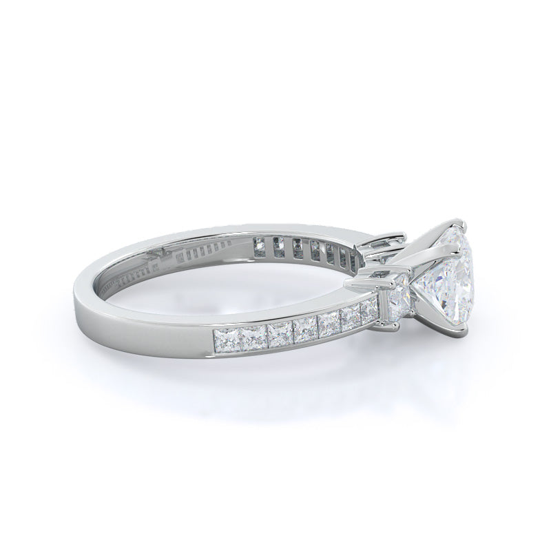 Three Stone Princess Studded Engagement Ring with Cushion Cut Diamond in 14KT Platinum view 3
