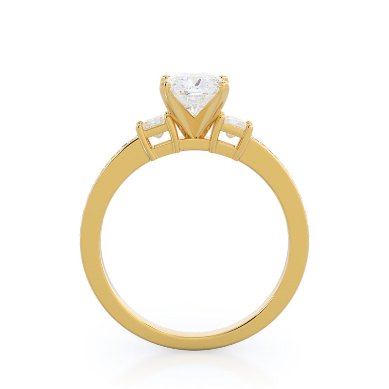 Cushion Cut Three Stone Princess Studded Engagement Ring with Lab Grown Diamond in 14KT Yellow Gold view 2
