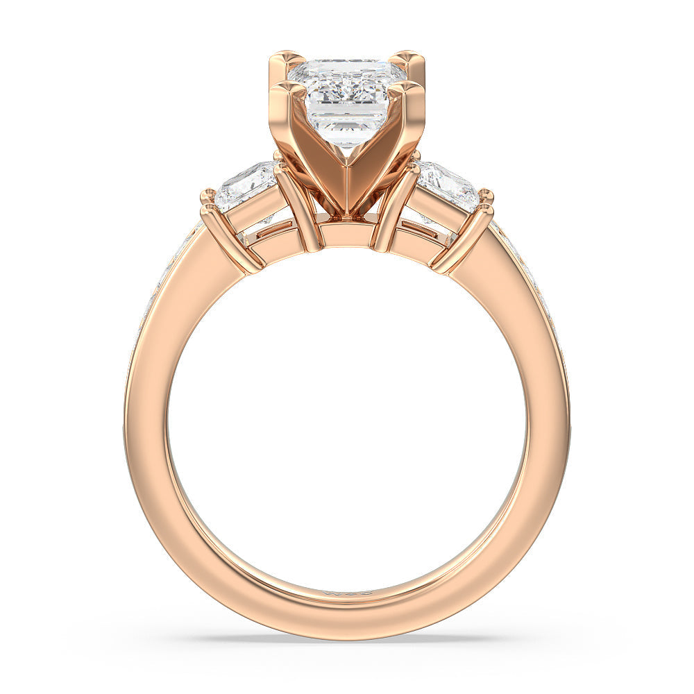 Three Stone Princess Studded Engagement Ring with Emerald Cut Diamond in 14KT Rose Gold view 2
