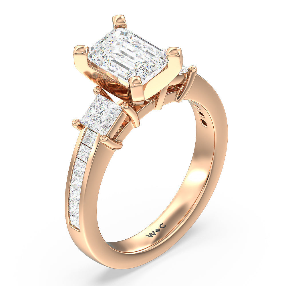 Three Stone Princess Studded Engagement Ring with Emerald Cut Diamond in 14KT Rose Gold view 3
