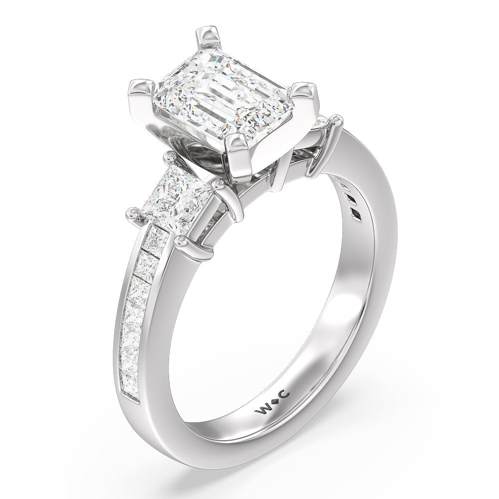 Emerald Cut Three Stone Princess Studded Engagement Ring with Lab Grown Diamond in 14KT Platinum view 3
