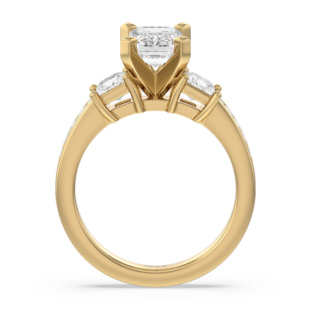 Three Stone Princess Studded Engagement Ring with Emerald Cut Diamond in 14KT Yellow Gold view 2
