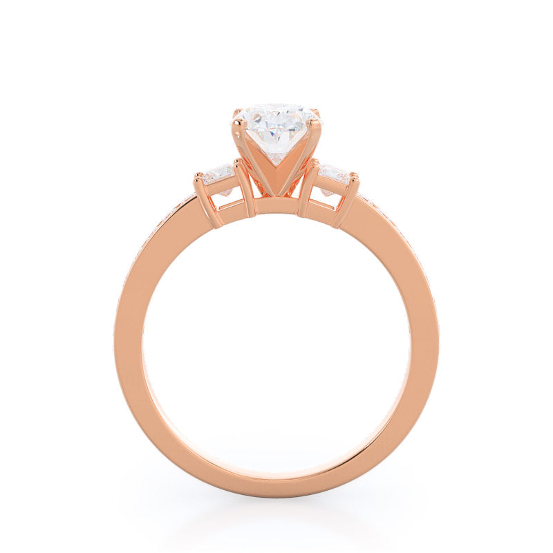 Three Stone Princess Studded Engagement Ring with Oval Cut Diamond in 14KT Rose Gold view 2
