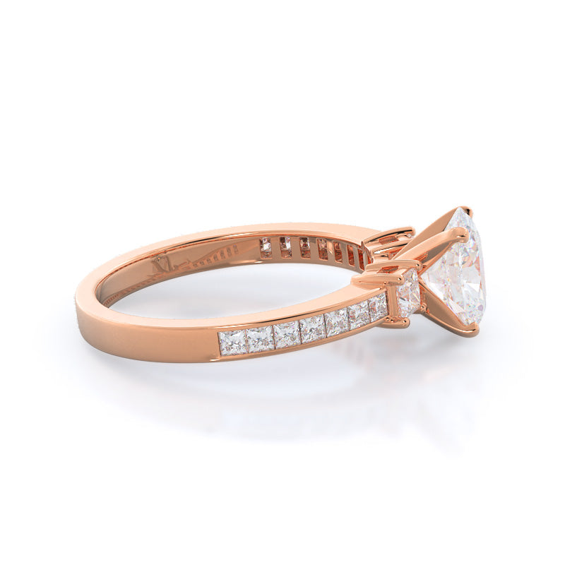 Three Stone Princess Studded Engagement Ring with Oval Cut Diamond in 14KT Rose Gold view 3
