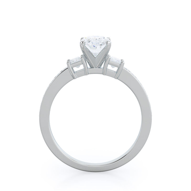 Three Stone Princess Studded Engagement Ring with Oval Cut Diamond in 14KT Platinum view 2
