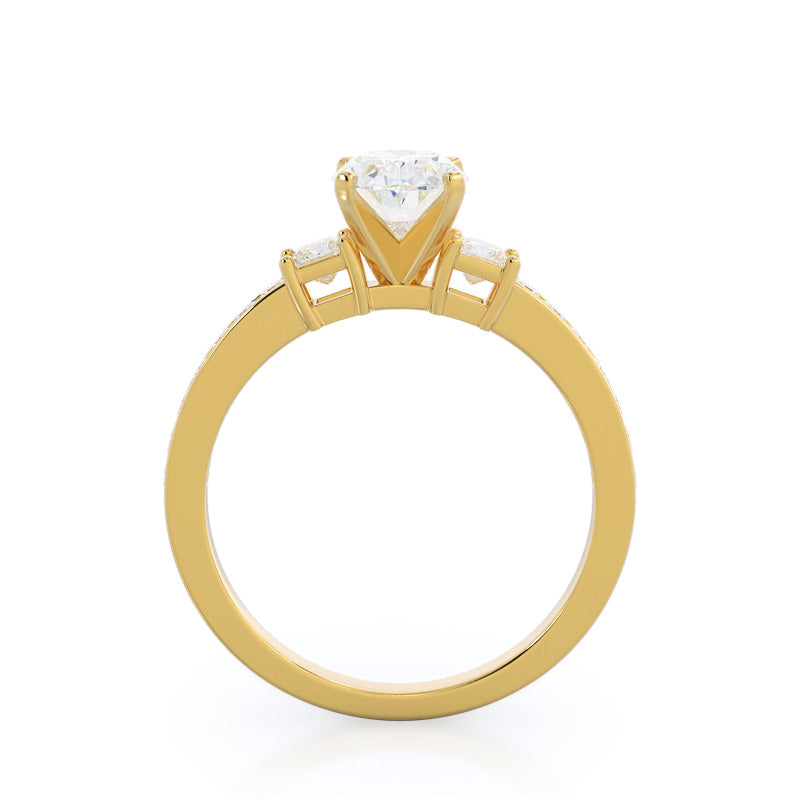 Three Stone Princess Studded Engagement Ring with Oval Cut Diamond in 14KT Yellow Gold view 2
