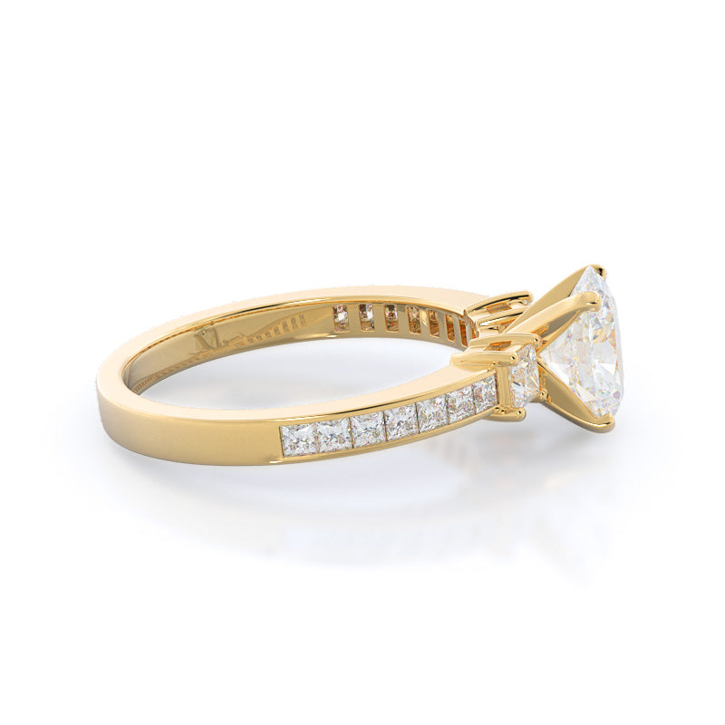 Three Stone Princess Studded Engagement Ring with Oval Cut Diamond in 14KT Yellow Gold view 3

