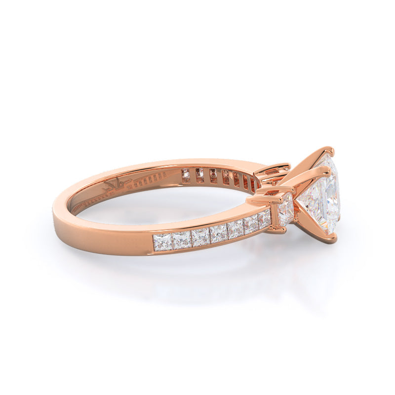 Three Stone Princess Studded Engagement Ring with Princess Cut Diamond in 14KT Rose Gold view 3
