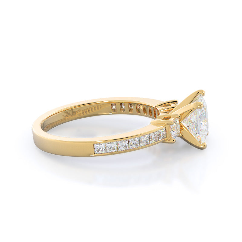 Princess Cut Three Stone Princess Studded Engagement Ring with Lab Grown Diamond in 14KT Yellow Gold view 3
