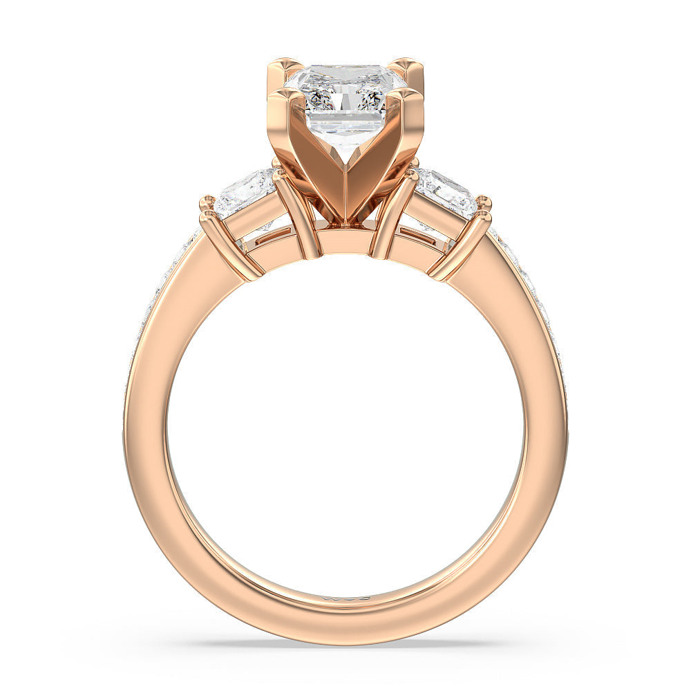 Three Stone Princess Studded Engagement Ring with Radiant Cut Diamond in 14KT Rose Gold view 2

