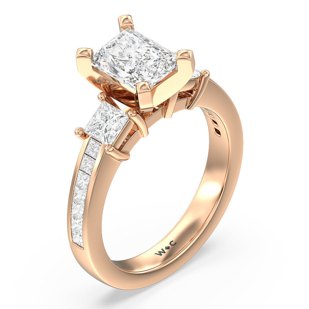 Three Stone Princess Studded Engagement Ring with Radiant Cut Diamond in 14KT Rose Gold view 3
