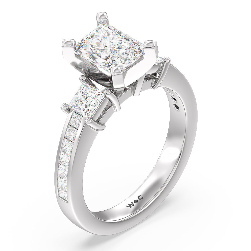 Three Stone Princess Studded Engagement Ring with Radiant Cut Diamond in 14KT Platinum view 3
