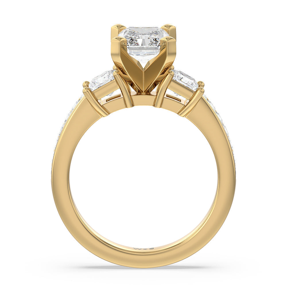 Radiant Cut Three Stone Princess Studded Engagement Ring with Lab Grown Diamond in 14KT Yellow Gold view 2
