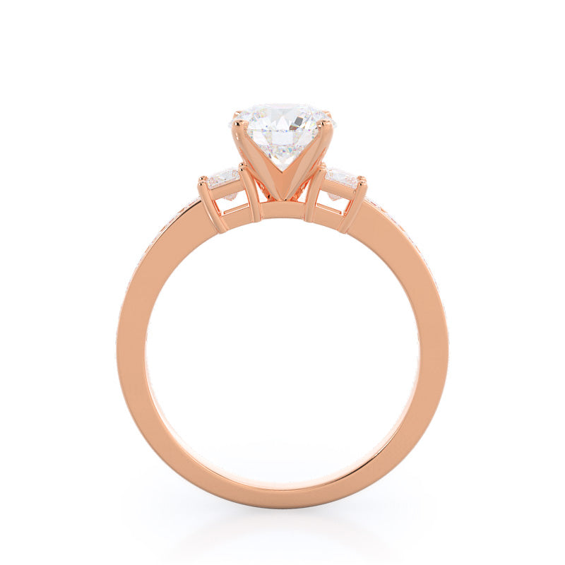 Round Cut Three Stone Princess Studded Engagement Ring with Lab Grown Diamond in 14KT Rose Gold view 2
