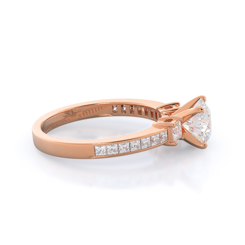 Round Cut Three Stone Princess Studded Engagement Ring with Lab Grown Diamond in 14KT Rose Gold view 3
