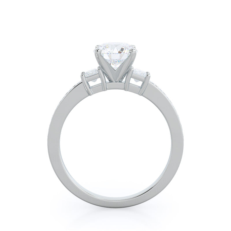 Three Stone Princess Studded Engagement Ring with Round Cut Diamond in 14KT Platinum view 2
