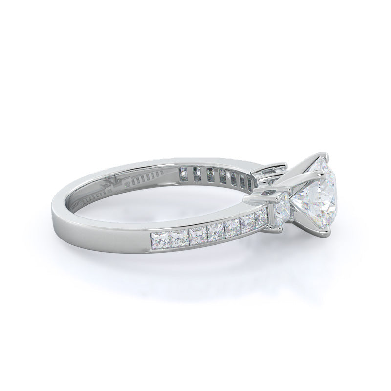 Three Stone Princess Studded Engagement Ring with Round Cut Diamond in 14KT Platinum view 3
