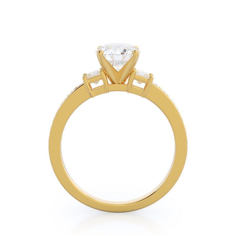 Round Cut Three Stone Princess Studded Engagement Ring with Lab Grown Diamond in 14KT Yellow Gold view 2

