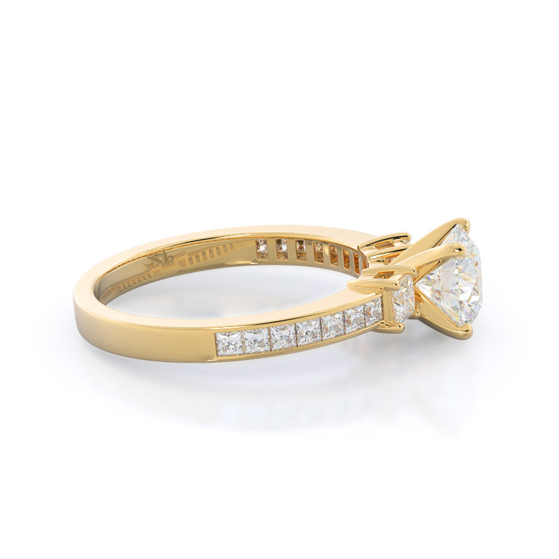 Three Stone Princess Studded Engagement Ring with Round Cut Diamond in 14KT Yellow Gold view 3
