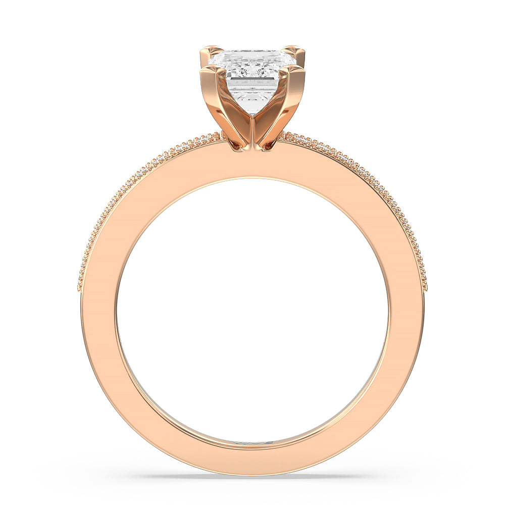 Pave And Milgrain Diamond Engagement Ring with Emerald Cut Diamond in 14KT Rose Gold view 2
