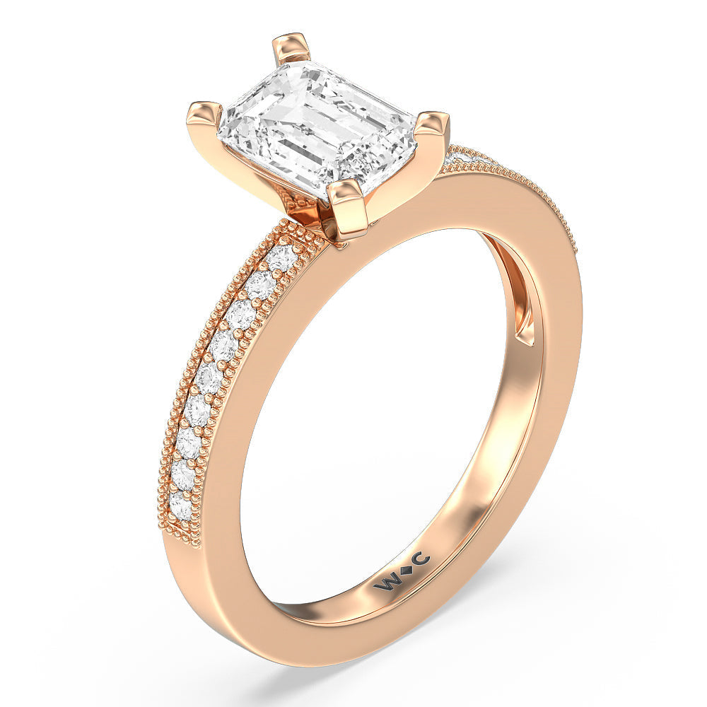 Pave And Milgrain Diamond Engagement Ring with Emerald Cut Diamond in 14KT Rose Gold view 3
