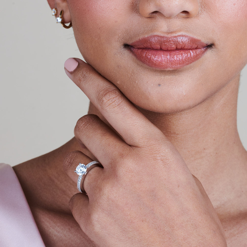 Model Wearing Pave And Milgrain Diamond Engagement Ring with Lab Grown Diamond view