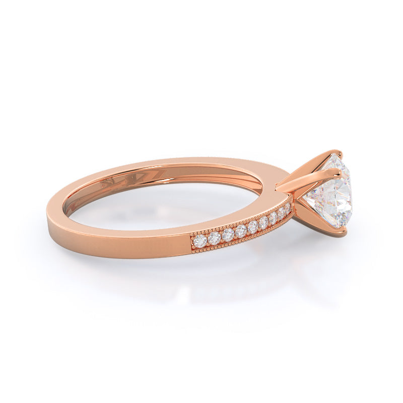 Pave And Milgrain Diamond Engagement Ring with Round Cut Diamond in 14KT Rose Gold view 3
