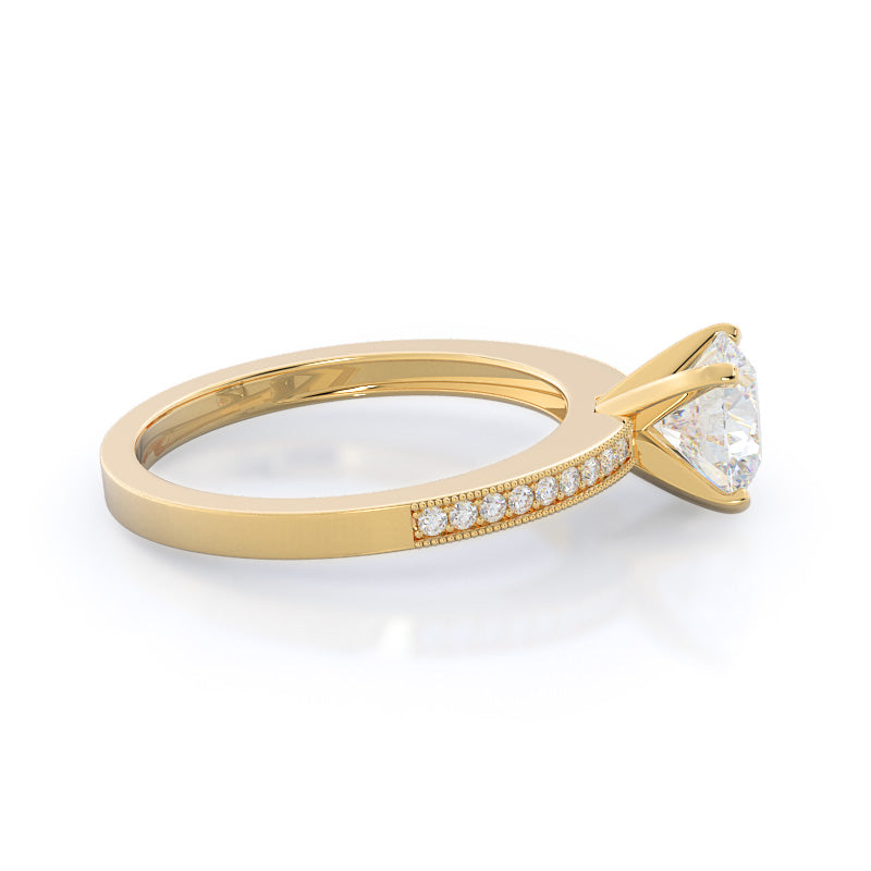 Pave And Milgrain Diamond Engagement Ring with Round Cut Diamond in 14KT Yellow Gold view 3
