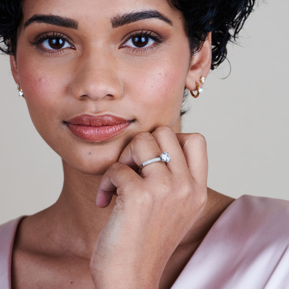 Model Wearing Pave And Milgrain Diamond Engagement Ring view