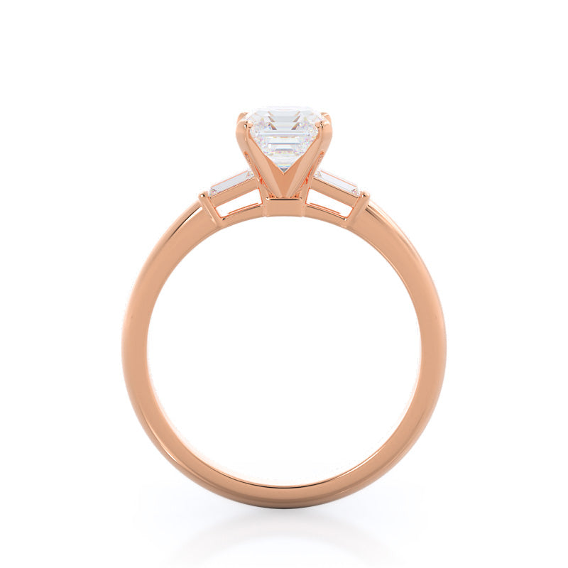 Asscher Cut Three Stone Baguette Engagement Ring with Lab Grown Diamond in 14KT Rose Gold view 2
