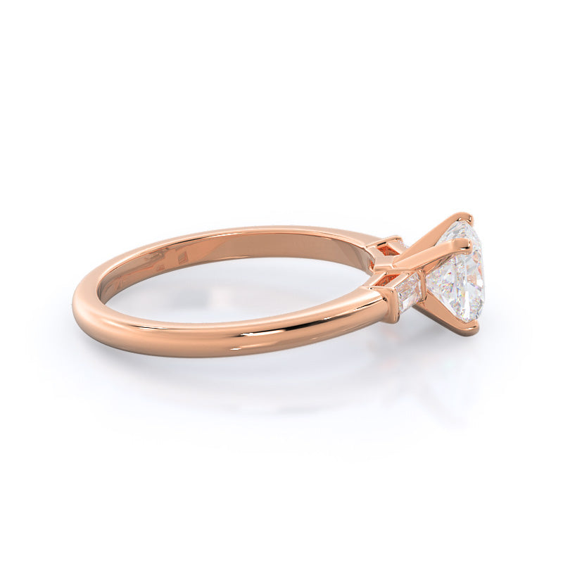 Cushion Cut Three Stone Baguette Engagement Ring with Lab Grown Diamond in 14KT Rose Gold view 3
