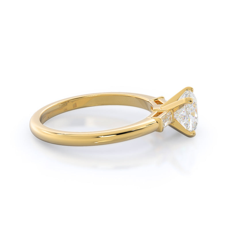 Cushion Cut Three Stone Baguette Engagement Ring with Lab Grown Diamond in 14KT Yellow Gold view 3
