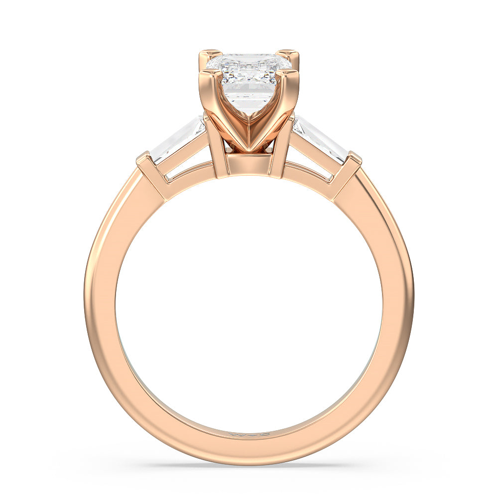 Emerald Cut Three Stone Baguette Engagement Ring with Lab Grown Diamond in 14KT Rose Gold view 2
