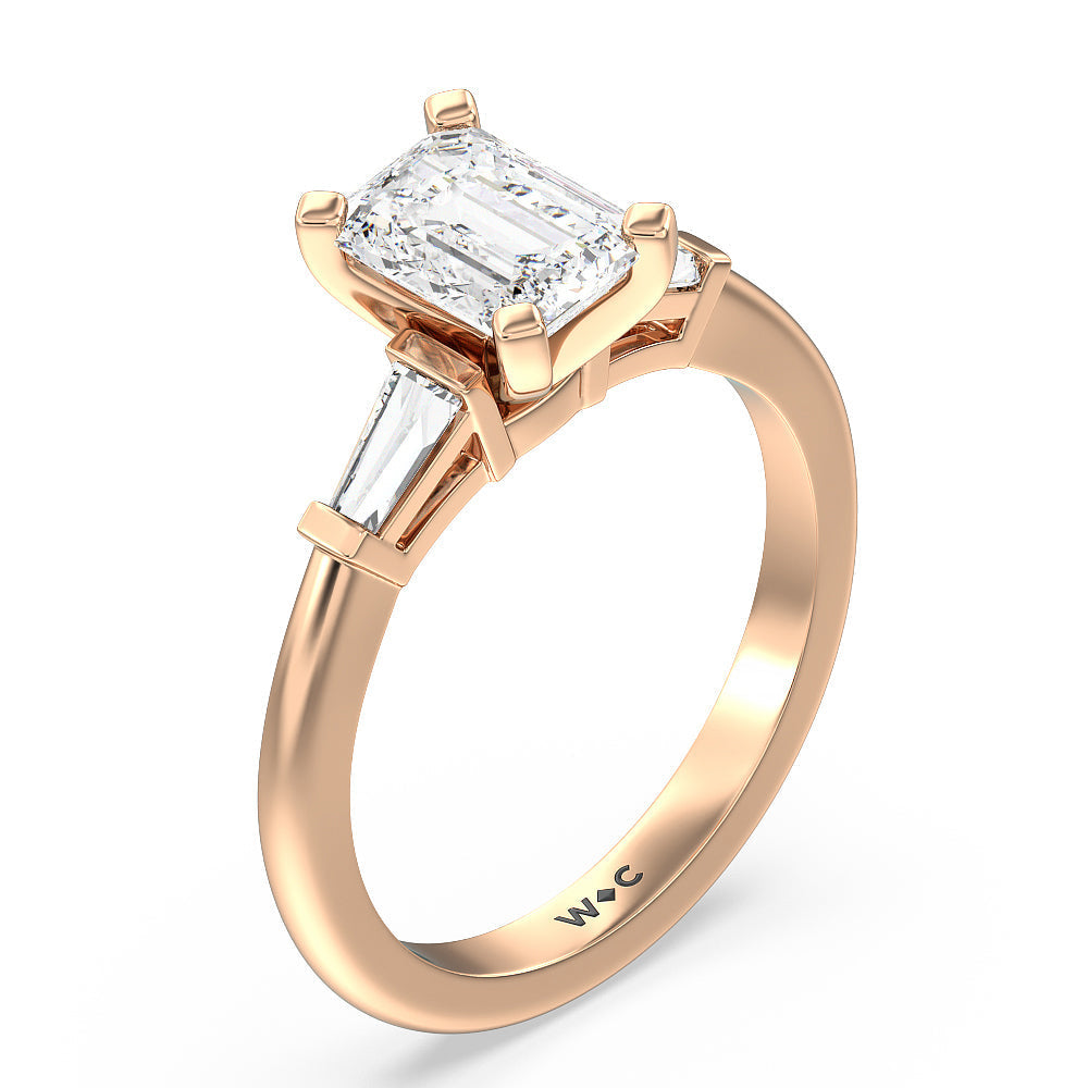 Emerald Cut Three Stone Baguette Engagement Ring with Lab Grown Diamond in 14KT Rose Gold view 3
