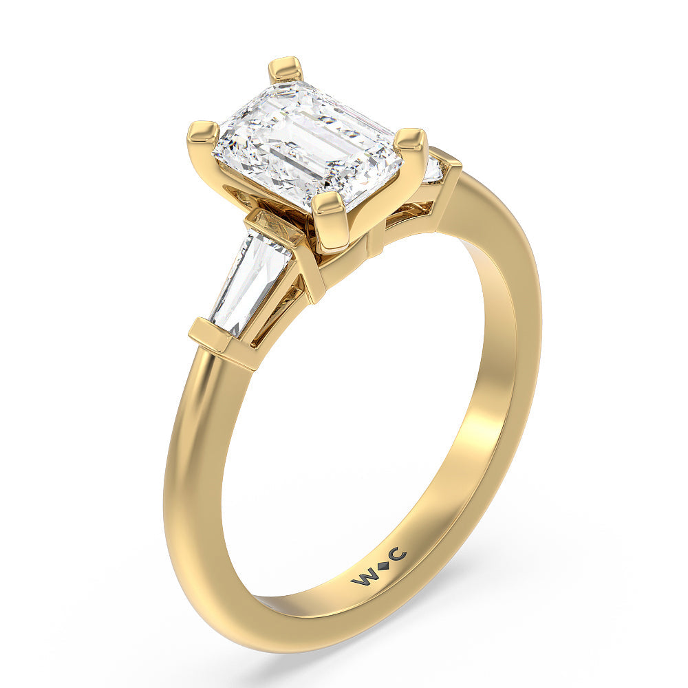 Emerald Cut Three Stone Baguette Engagement Ring with Lab Grown Diamond in 14KT Yellow Gold view 3
