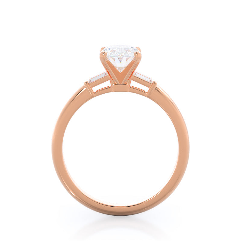Three Stone Baguette Engagement Ring with Oval Cut Diamond in 14KT Rose Gold view 2
