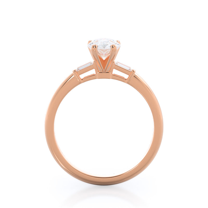 Pear Cut Three Stone Baguette Engagement Ring with Lab Grown Diamond in 14KT Rose Gold view 2
