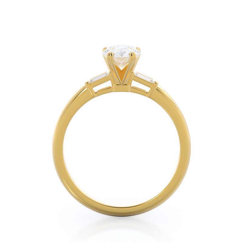 Pear Cut Three Stone Baguette Engagement Ring with Lab Grown Diamond in 14KT Yellow Gold view 2
