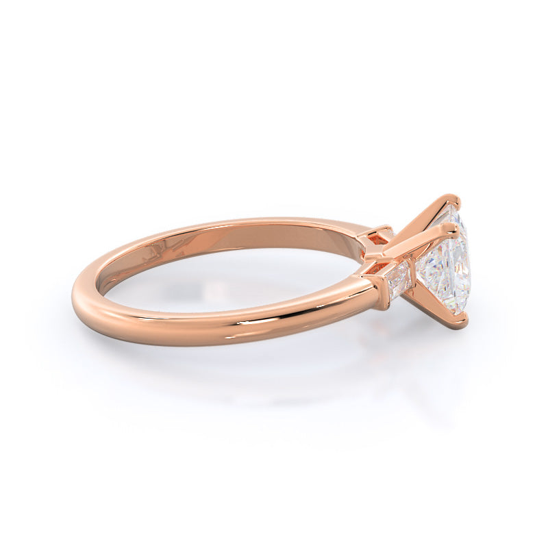 Princess Cut Three Stone Baguette Engagement Ring with Lab Grown Diamond in 14KT Rose Gold view 3
