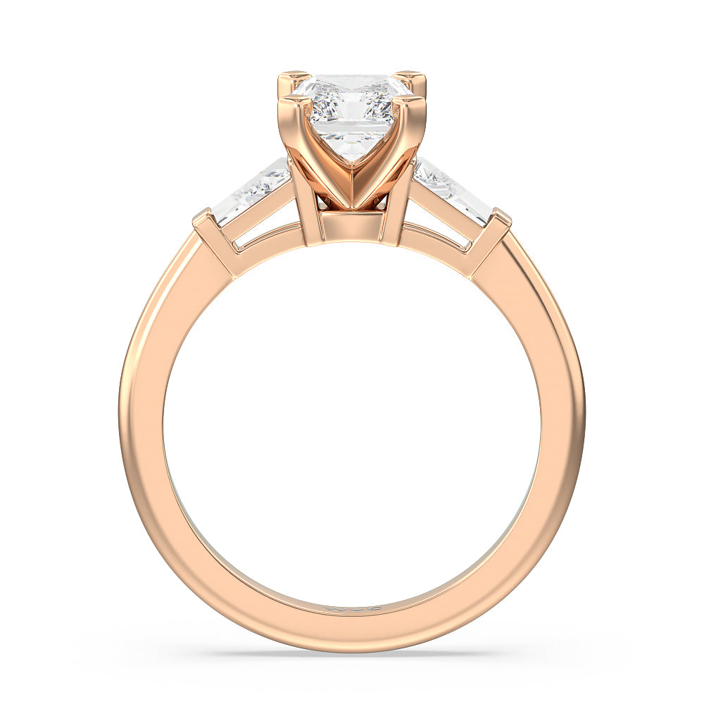 Radiant Cut Three Stone Baguette Engagement Ring with Lab Grown Diamond in 14KT Rose Gold view 2
