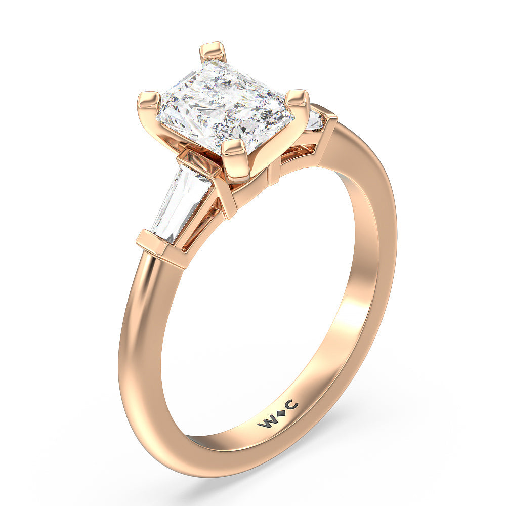 Radiant Cut Three Stone Baguette Engagement Ring with Lab Grown Diamond in 14KT Rose Gold view 3
